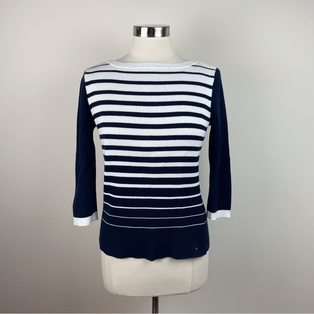 Tommy Hilfiger Navy Blue White Stripe Ribbed Knit Sweater Top Women Large